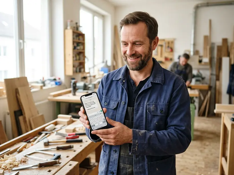 Handwerker liest eine automatische WhatsApp-Antwort auf dem Smartphone