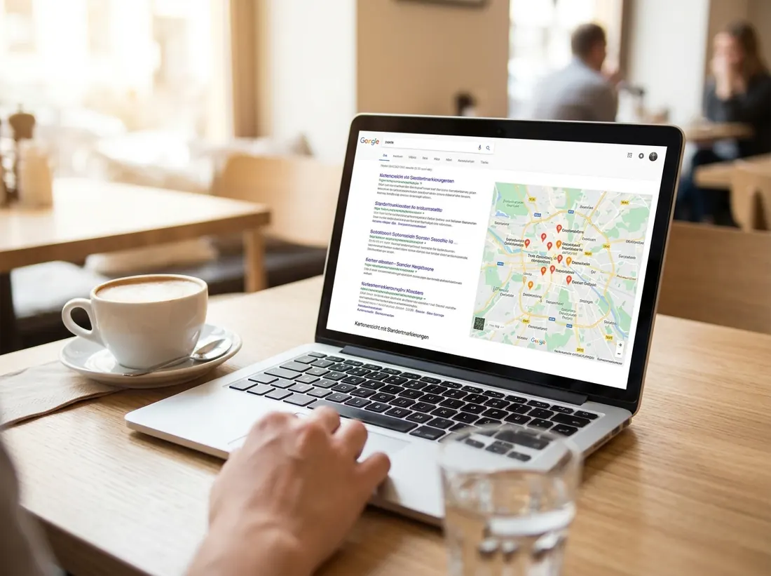 Laptop mit Google Maps Ergebnissen in einem Café